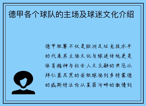 德甲各个球队的主场及球迷文化介绍